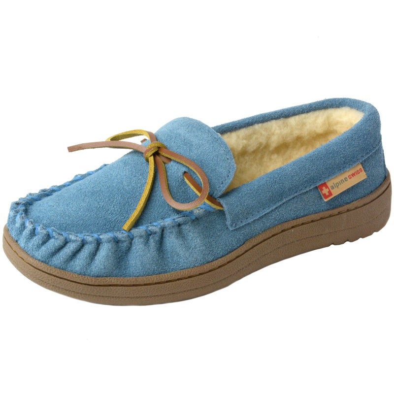 Alpine Swiss Sabine Womens Moccasin Slippers Genuine Suede House Shoe Memory Foam Insole Plush Faux Shearling Fur Indoor Outdoor Anti-Slip Rubber Sole BLU 8 - Image 1